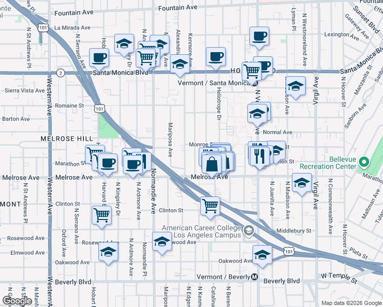 map of restaurants, bars, coffee shops, grocery stores, and more near 732 North Alexandria Avenue in Los Angeles