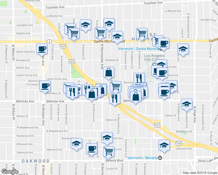 map of restaurants, bars, coffee shops, grocery stores, and more near 710 North Mariposa Avenue in Los Angeles
