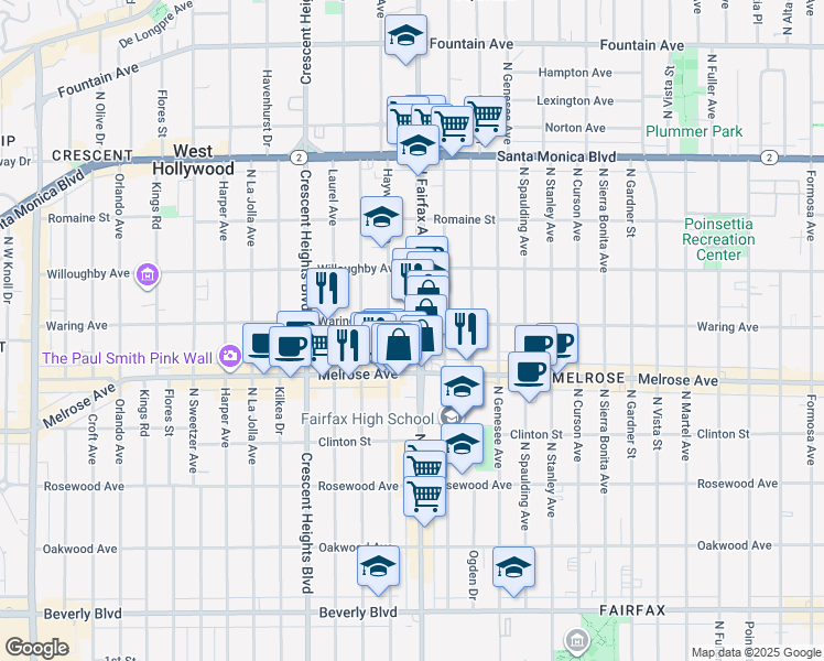 map of restaurants, bars, coffee shops, grocery stores, and more near 723 North Fairfax Avenue in Los Angeles