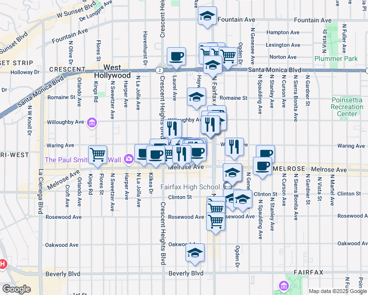 map of restaurants, bars, coffee shops, grocery stores, and more near 720 North Edinburgh Avenue in Los Angeles