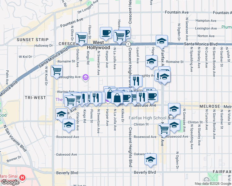map of restaurants, bars, coffee shops, grocery stores, and more near 726 North La Jolla Avenue in Los Angeles