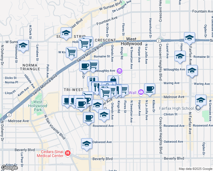 map of restaurants, bars, coffee shops, grocery stores, and more near 730 1/2 North Croft Avenue in West Hollywood