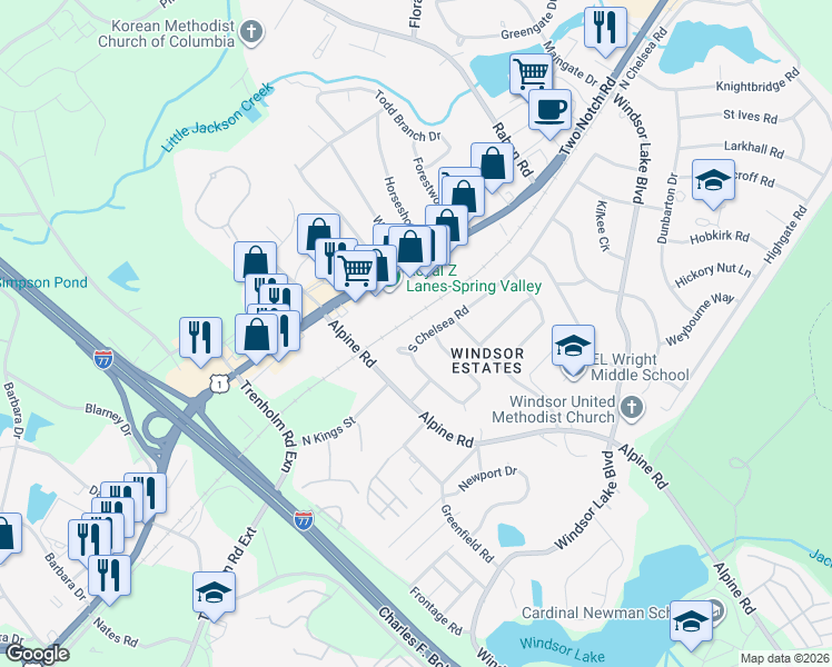 map of restaurants, bars, coffee shops, grocery stores, and more near 9409 South Chelsea Road in Columbia
