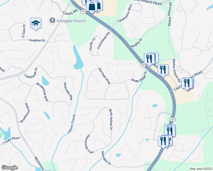 map of restaurants, bars, coffee shops, grocery stores, and more near 3720 Bridle Ridge Drive in Suwanee