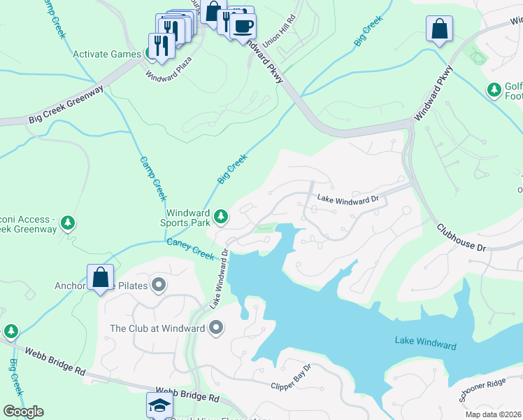 map of restaurants, bars, coffee shops, grocery stores, and more near 1025 Signal Point in Alpharetta