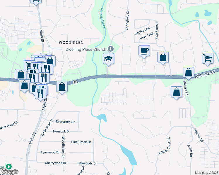 map of restaurants, bars, coffee shops, grocery stores, and more near 207 Jonquil Spring Road in Woodstock