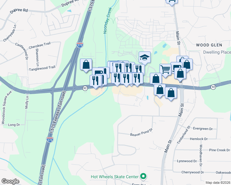 map of restaurants, bars, coffee shops, grocery stores, and more near 106 Indian Valley Drive in Woodstock