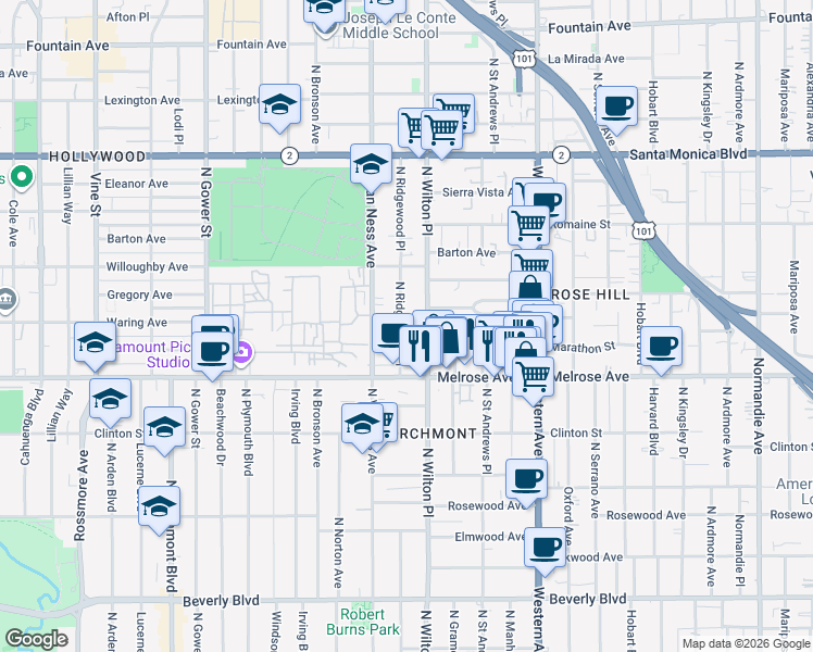 map of restaurants, bars, coffee shops, grocery stores, and more near 756 North Ridgewood Place in Los Angeles
