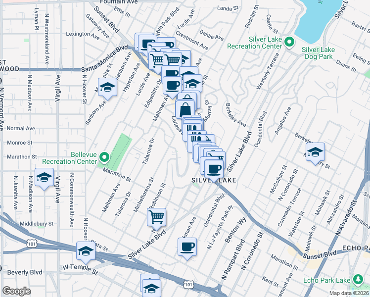 map of restaurants, bars, coffee shops, grocery stores, and more near 3200 Larissa Drive in Los Angeles