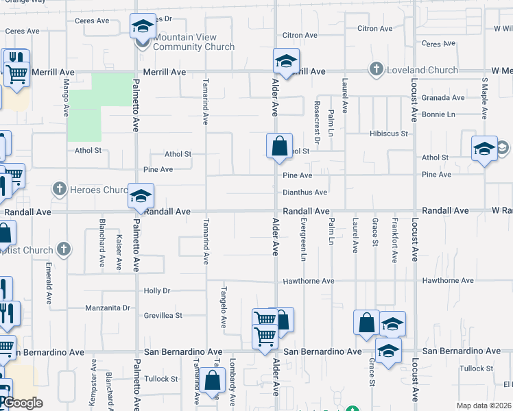 map of restaurants, bars, coffee shops, grocery stores, and more near 17631 Randall Avenue in Fontana