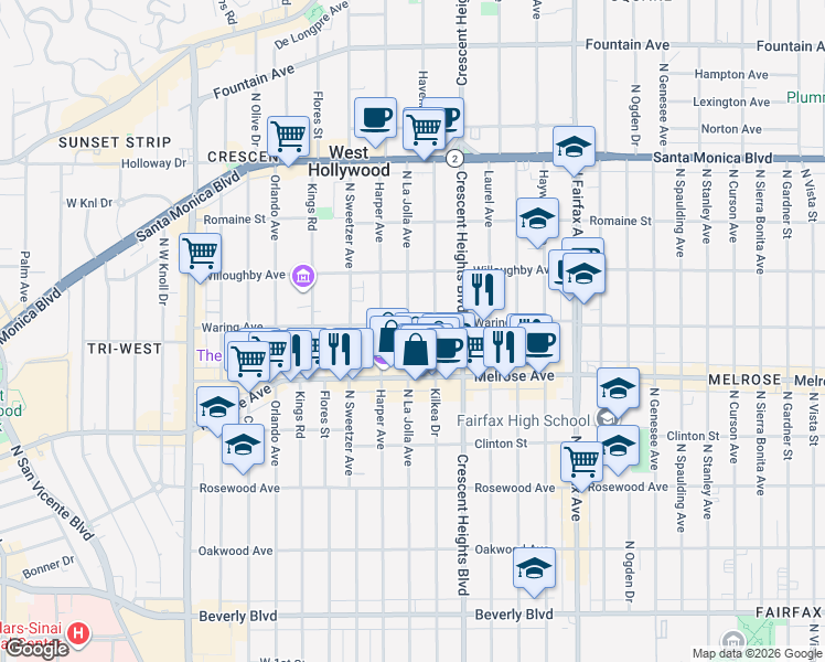 map of restaurants, bars, coffee shops, grocery stores, and more near 726 North La Jolla Avenue in Los Angeles