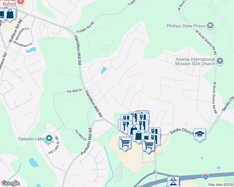 map of restaurants, bars, coffee shops, grocery stores, and more near 2648 Cascade Cove Drive in Buford