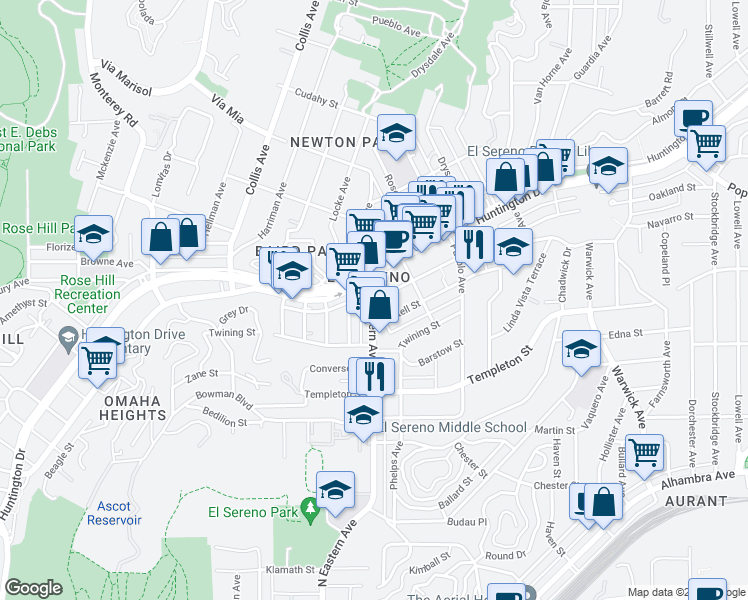 map of restaurants, bars, coffee shops, grocery stores, and more near N Eastern Ave & Navarro St in Los Angeles