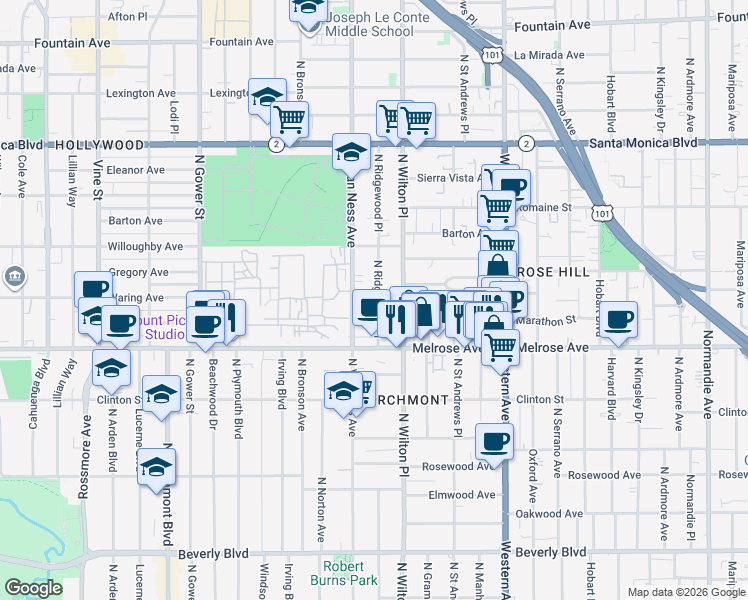 map of restaurants, bars, coffee shops, grocery stores, and more near 732 North Van Ness Avenue in Los Angeles