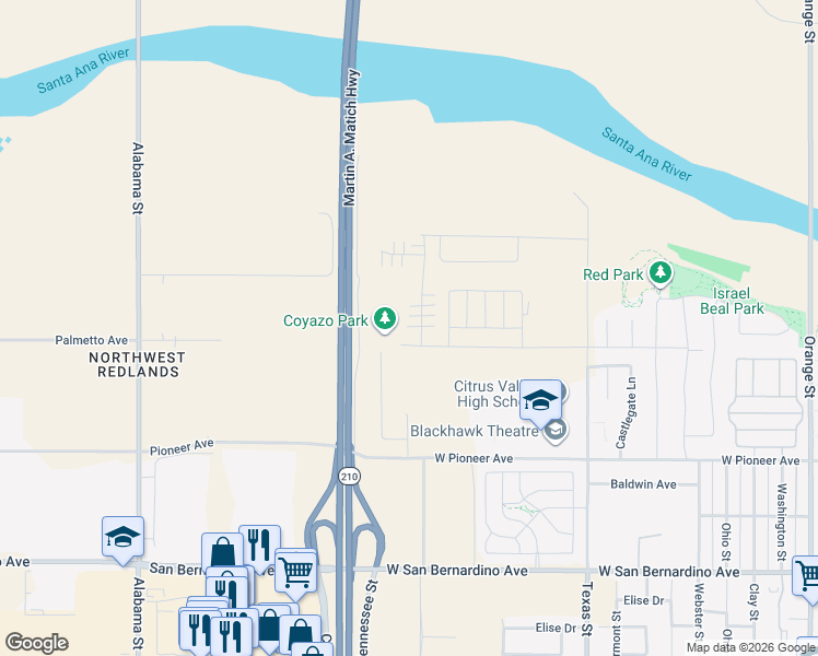 map of restaurants, bars, coffee shops, grocery stores, and more near 2035 Bergamot Street in Redlands