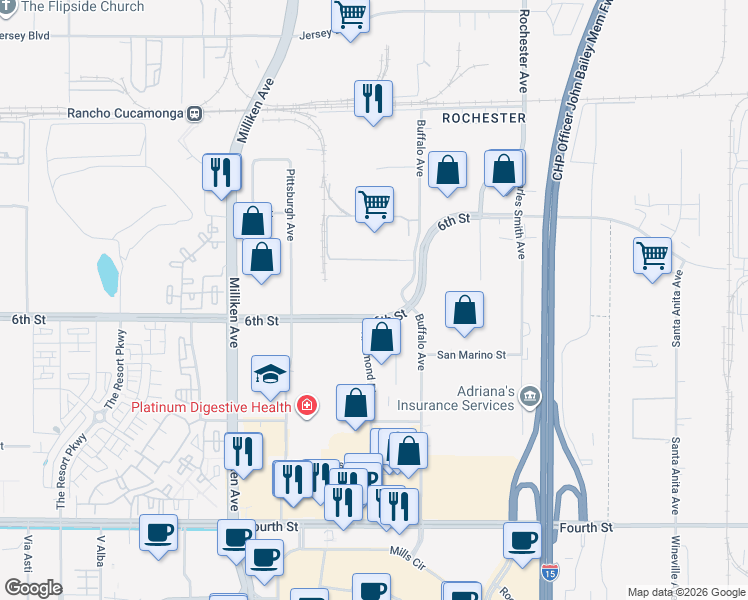 map of restaurants, bars, coffee shops, grocery stores, and more near 11663 6th Street in Rancho Cucamonga