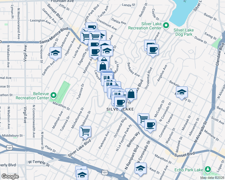 map of restaurants, bars, coffee shops, grocery stores, and more near 3110 Sunset Boulevard in Los Angeles