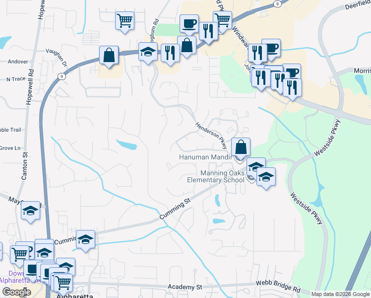 map of restaurants, bars, coffee shops, grocery stores, and more near 2145 Monroe Drive in Alpharetta