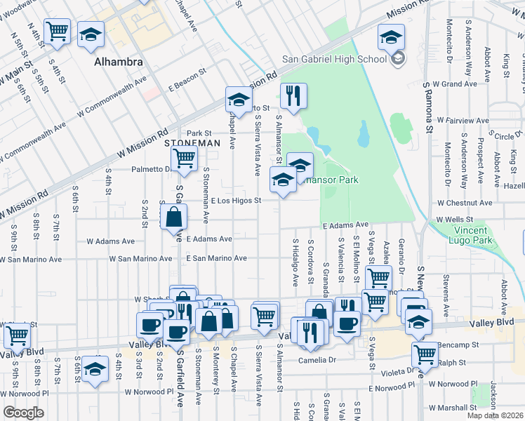 map of restaurants, bars, coffee shops, grocery stores, and more near 912 South Sierra Vista Avenue in Alhambra