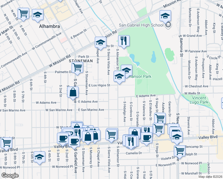 map of restaurants, bars, coffee shops, grocery stores, and more near 912 South Sierra Vista Avenue in Alhambra