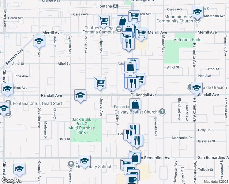 map of restaurants, bars, coffee shops, grocery stores, and more near 9288 Olive Street in Fontana