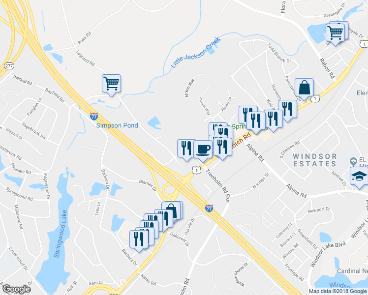 map of restaurants, bars, coffee shops, grocery stores, and more near 221 North Grampian Hills Road in Columbia