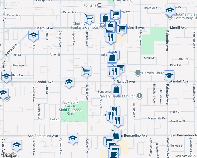 map of restaurants, bars, coffee shops, grocery stores, and more near 9288 Olive Street in Fontana