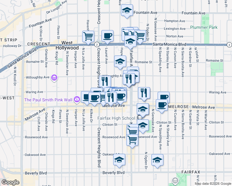 map of restaurants, bars, coffee shops, grocery stores, and more near 720 North Edinburgh Avenue in Los Angeles