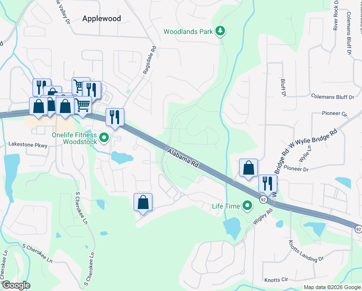 map of restaurants, bars, coffee shops, grocery stores, and more near 341 Balaban Circle in Woodstock