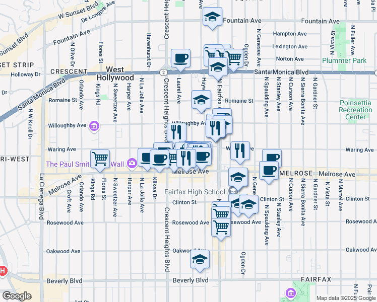 map of restaurants, bars, coffee shops, grocery stores, and more near 720 North Edinburgh Avenue in Los Angeles