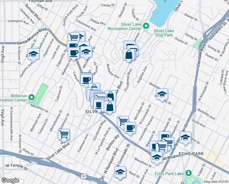 map of restaurants, bars, coffee shops, grocery stores, and more near 1431 Silver Lake Boulevard in Los Angeles