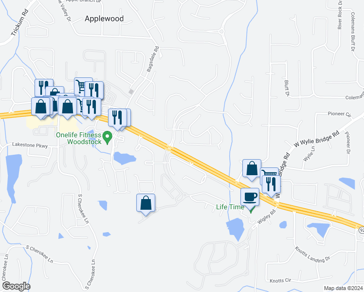 map of restaurants, bars, coffee shops, grocery stores, and more near 701 Acampora Drive in Woodstock