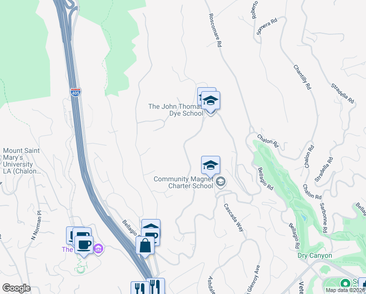 map of restaurants, bars, coffee shops, grocery stores, and more near 911 Linda Flora Drive in Los Angeles