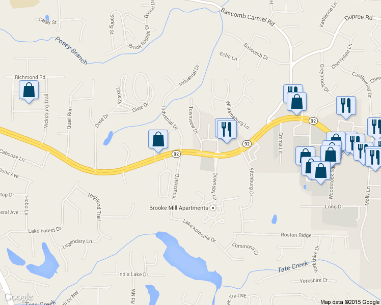 map of restaurants, bars, coffee shops, grocery stores, and more near 8885 Highway 92 in Woodstock