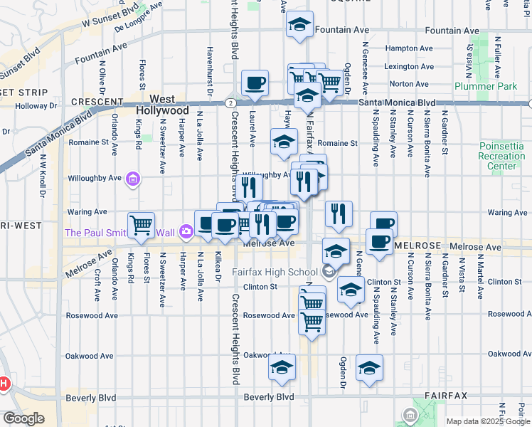 map of restaurants, bars, coffee shops, grocery stores, and more near 751 North Edinburgh Avenue in Los Angeles