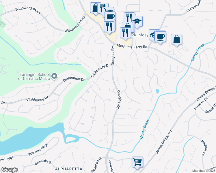 map of restaurants, bars, coffee shops, grocery stores, and more near 12544 Darvish Lane in Alpharetta