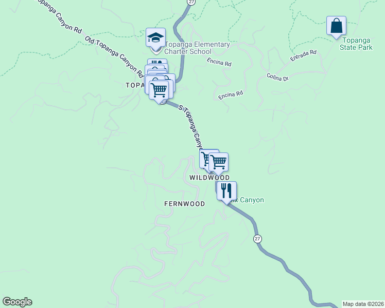 map of restaurants, bars, coffee shops, grocery stores, and more near 543 Fernwood Pacific Drive in Topanga
