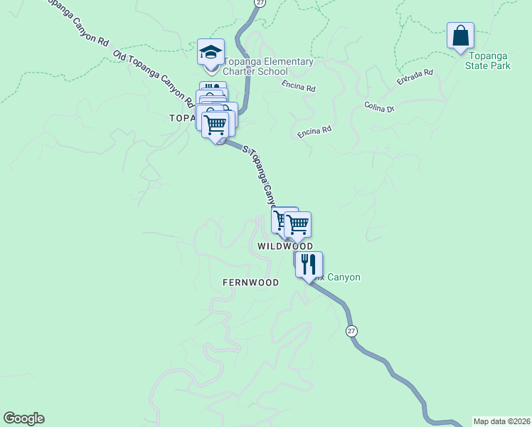 map of restaurants, bars, coffee shops, grocery stores, and more near 19511 Sunken Trail in Los Angeles County