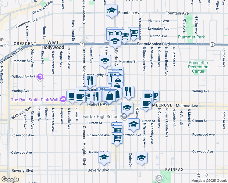 map of restaurants, bars, coffee shops, grocery stores, and more near 751 North Fairfax Avenue in Los Angeles