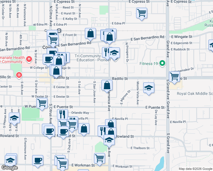 map of restaurants, bars, coffee shops, grocery stores, and more near in Covina