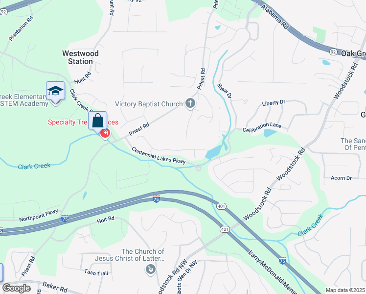 map of restaurants, bars, coffee shops, grocery stores, and more near 233 Anniversary Lane in Acworth