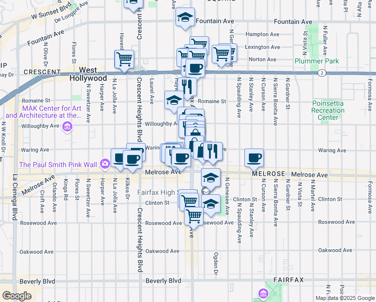map of restaurants, bars, coffee shops, grocery stores, and more near 801 North Fairfax Avenue in Los Angeles