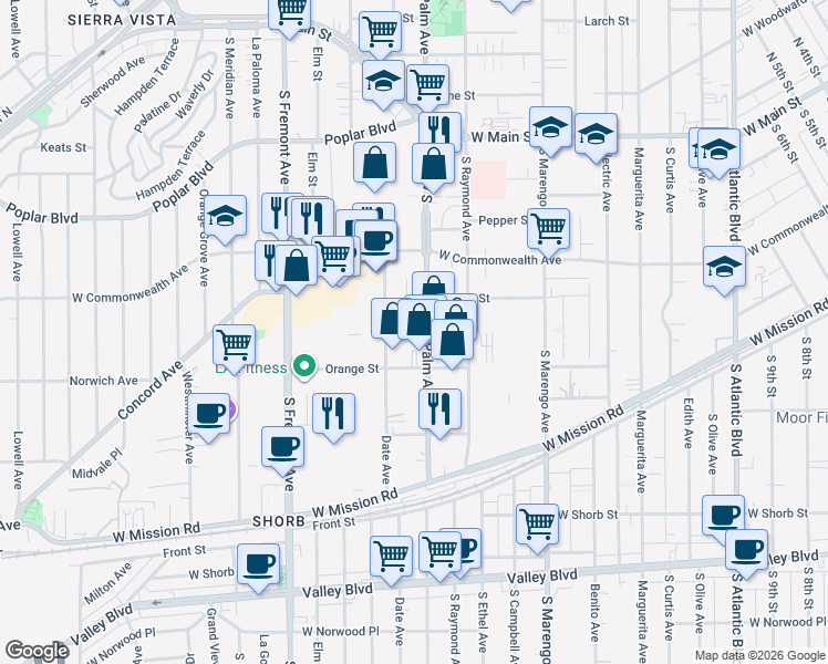 map of restaurants, bars, coffee shops, grocery stores, and more near 400 Date Avenue in Alhambra