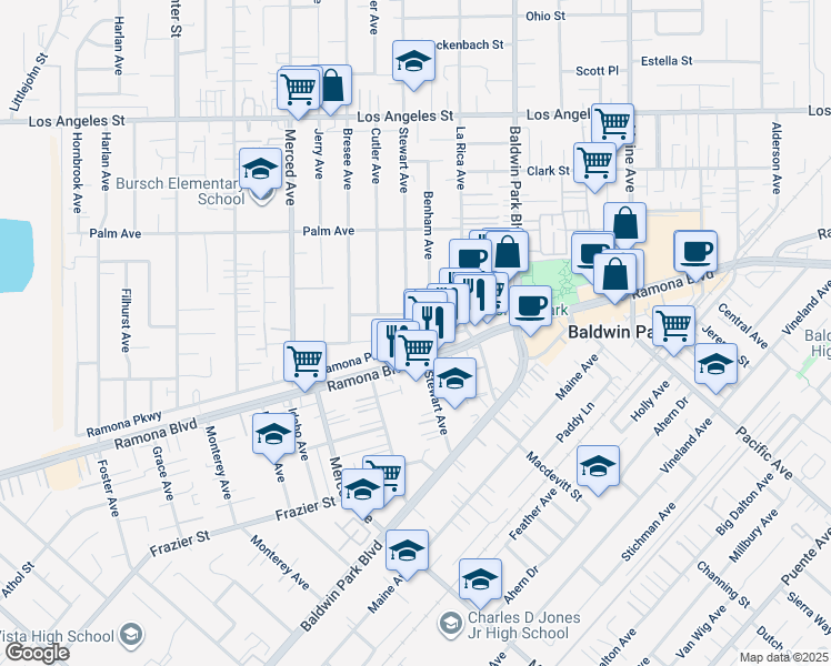 map of restaurants, bars, coffee shops, grocery stores, and more near 4000 Stewart Avenue in Baldwin Park