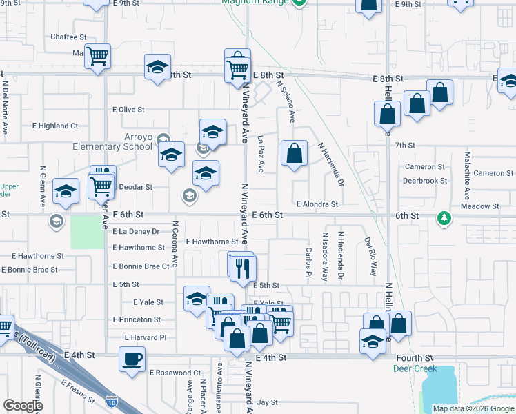 map of restaurants, bars, coffee shops, grocery stores, and more near 1908 East Alondra Court in Ontario