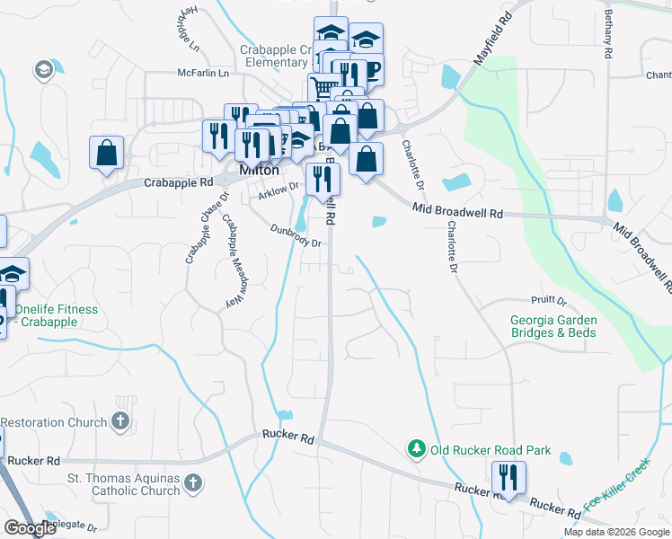 map of restaurants, bars, coffee shops, grocery stores, and more near 12474 Broadwell Road in Milton
