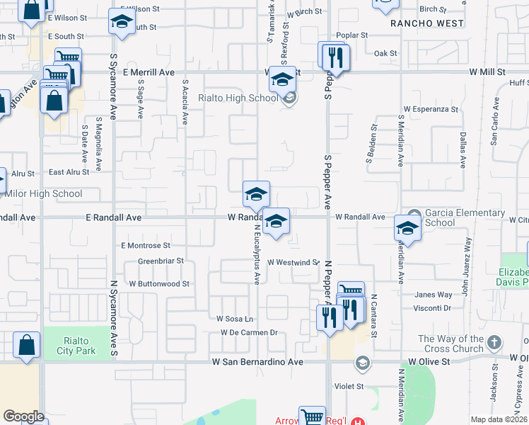 map of restaurants, bars, coffee shops, grocery stores, and more near 856 South Tamarisk Avenue in Rialto