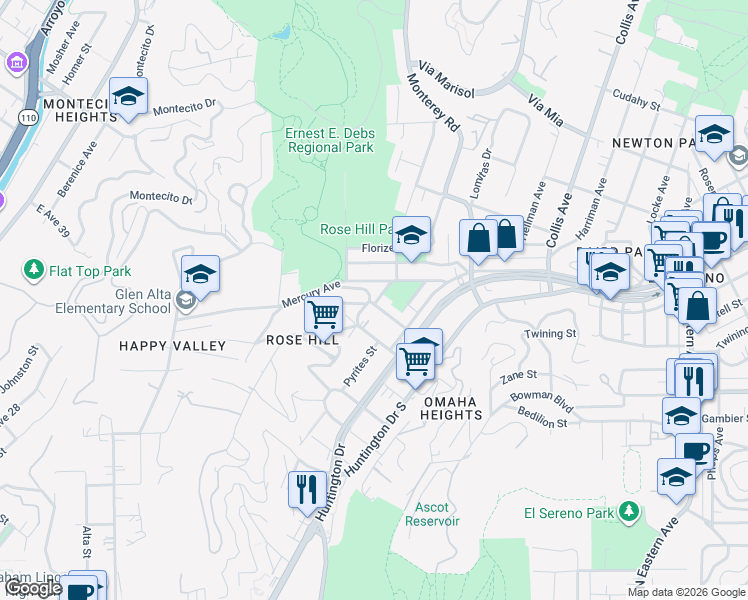 map of restaurants, bars, coffee shops, grocery stores, and more near 2929 North Amethyst Street in Los Angeles