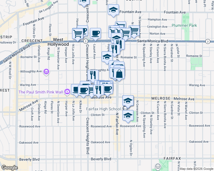 map of restaurants, bars, coffee shops, grocery stores, and more near 2 Hayworth Avenue in Los Angeles