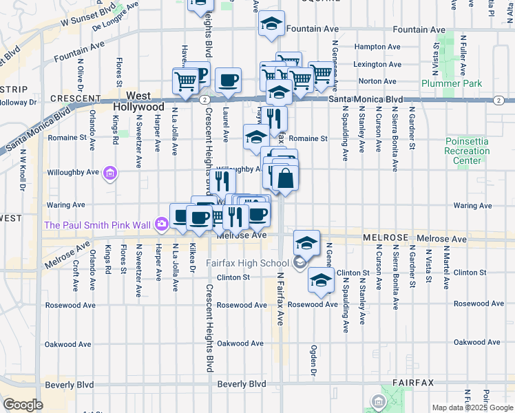 map of restaurants, bars, coffee shops, grocery stores, and more near 753 North Hayworth Avenue in Los Angeles
